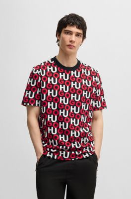 Cotton T-shirt with all-over stacked logos, Patterned