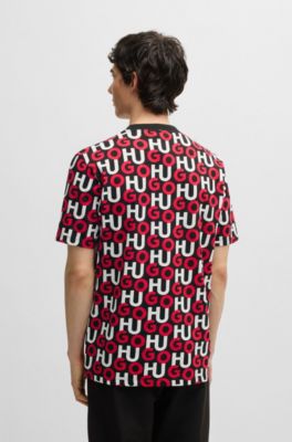 Cotton T-shirt with all-over stacked logos, Patterned