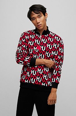 HUGO - Oversized-fit sweatshirt in cotton with stacked-logo jacquard