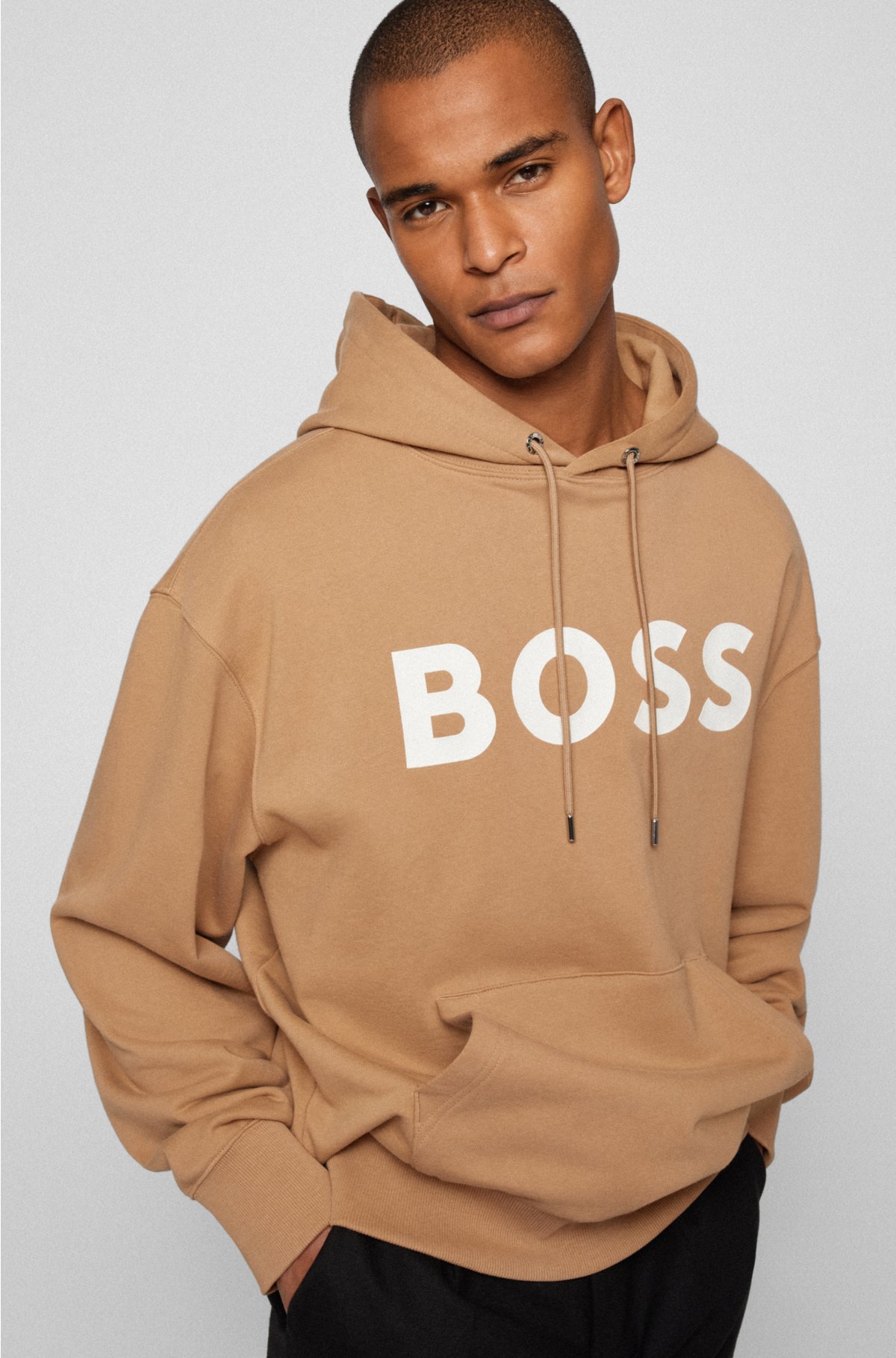 Cotton hooded sweatshirt with contrast logo, Beige