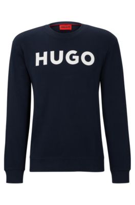 Hugo Crew-neck Sweatshirt In French Terry With Contrast Logo In Dark Blue