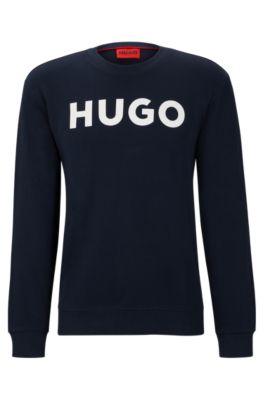 Hugo Boss Crew-neck Sweatshirt In French Terry With Contrast Logo In Dark Blue