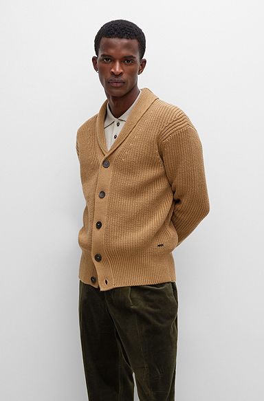 Ribbed-knit cardigan in cotton, cashmere and wool, Beige