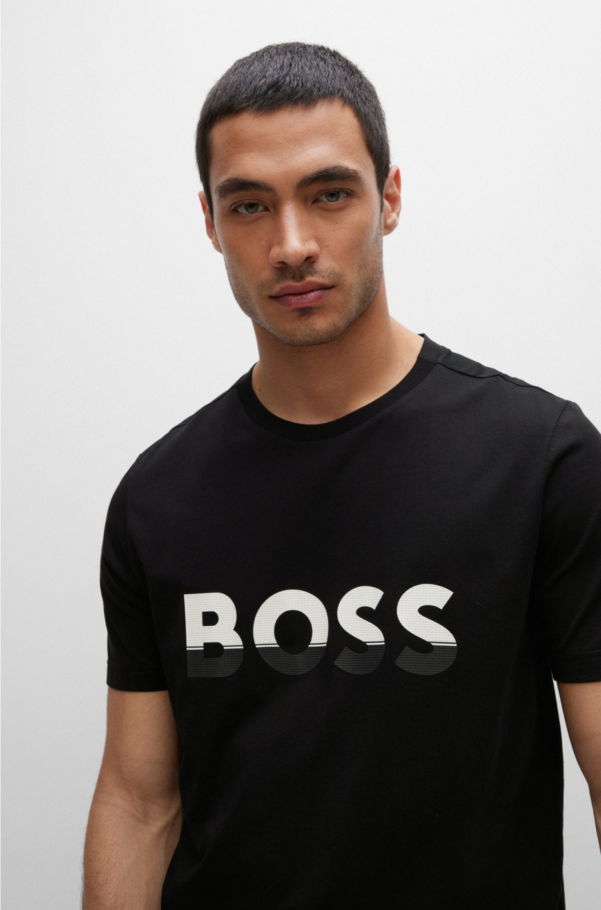 Cotton-jersey T-shirt with color-blocked logo print, Black