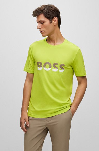 Cotton-jersey T-shirt with color-blocked logo print, Green