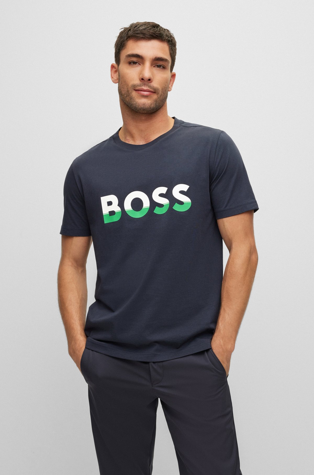Cotton-jersey T-shirt with color-blocked logo print, Dark Blue