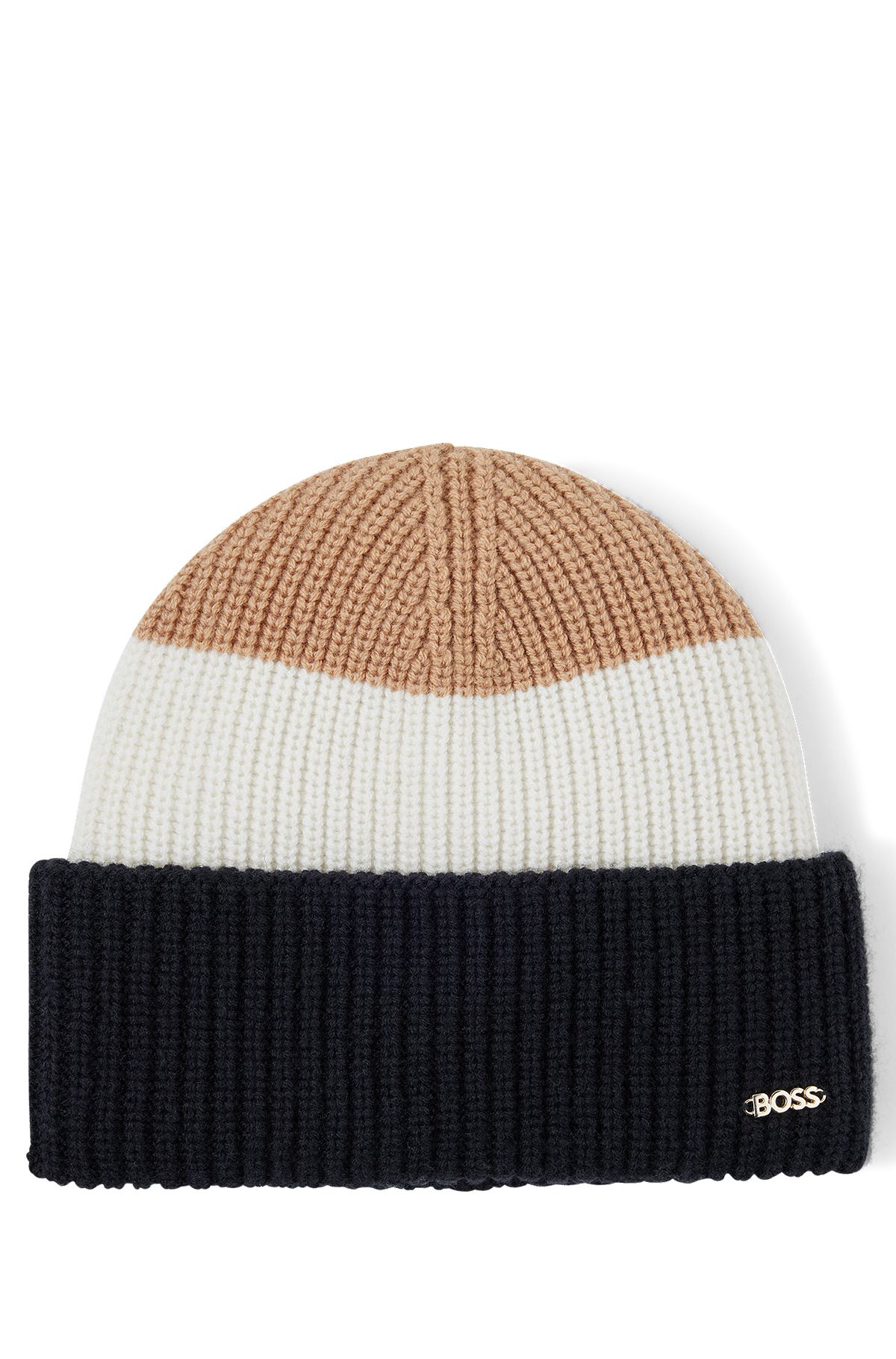 Colour-blocked beanie hat in wool with cashmere, Patterned