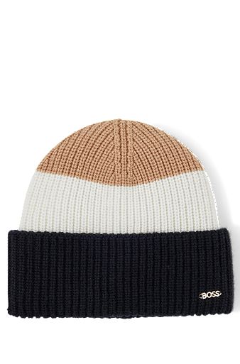 Colour-blocked beanie hat in wool with cashmere, Patterned
