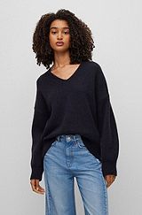 Relaxed-fit V-neck sweater with alpaca and wool, Dark Blue