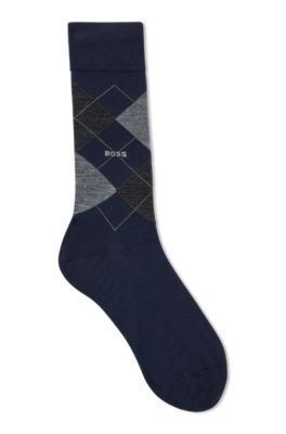 Hugo Boss Regular-length Wool-blend Sock With Argyle Pattern In Dark Blue