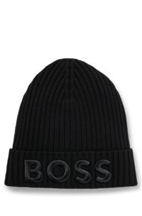 Ribbed beanie hat in virgin wool with embroidered logo, Black