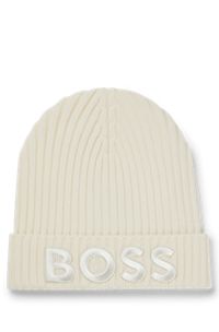 Ribbed beanie hat in virgin wool with embroidered logo, White