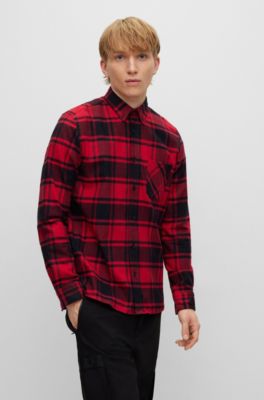 Hugo Relaxed-Fit Shirt in Checked Cotton Flannel- White | Men's Casual Shirts Size S