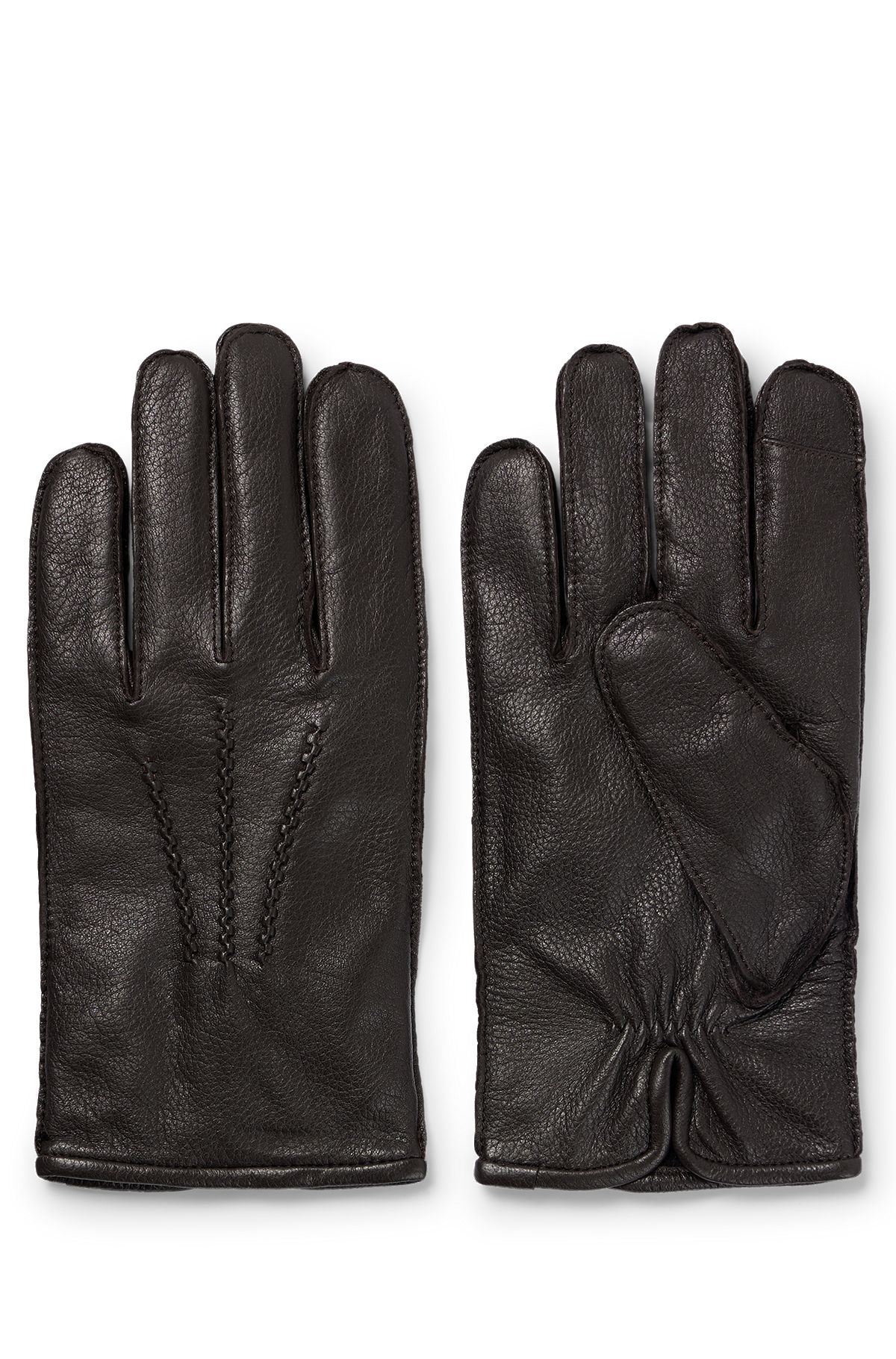Leather gloves with stitching and logo lettering, Brown