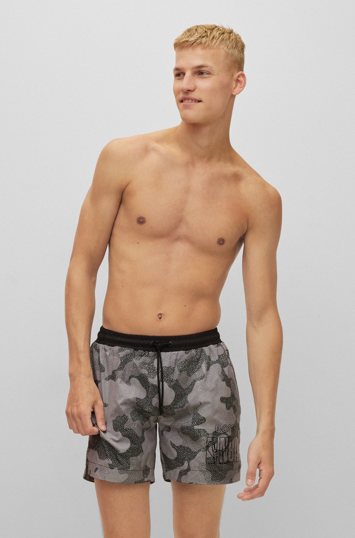 BOSS - BOSS & NBA quick-drying swim shorts in camouflage-print fabric