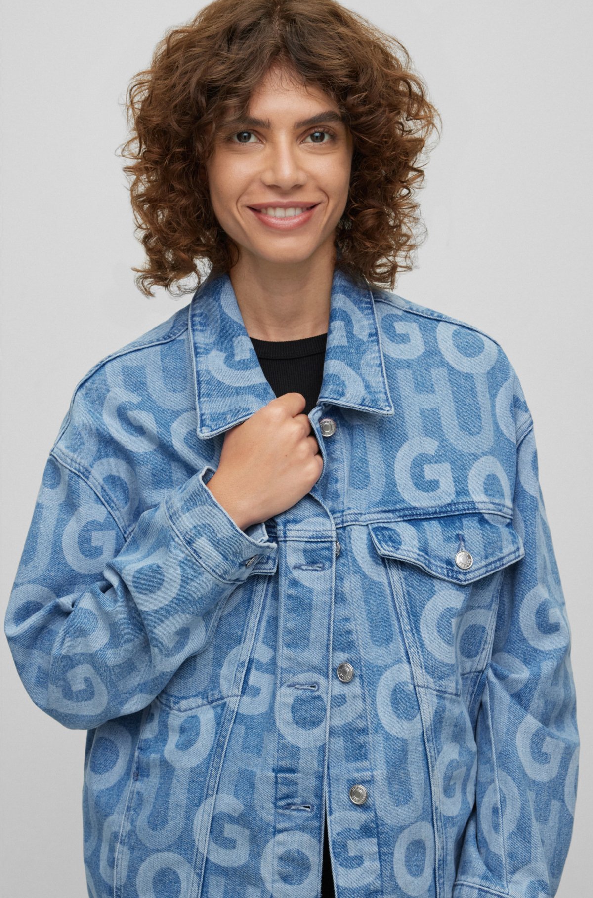 Allover Print Jacquard Denim Shirt Loose Jackets Coats Women