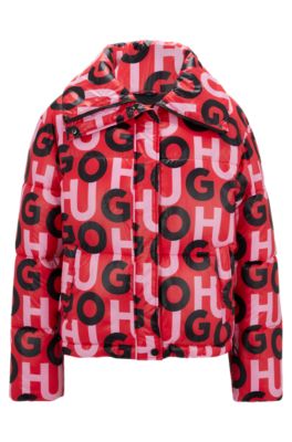 Hugo Boss High-shine Stacked-logo Puffer Jacket With Oversize Collar In Patterned