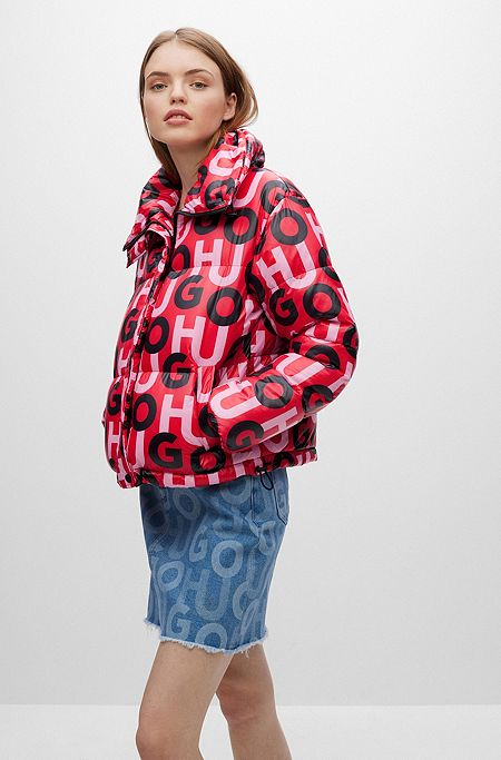 High-shine stacked-logo puffer jacket with oversize collar, Patterned