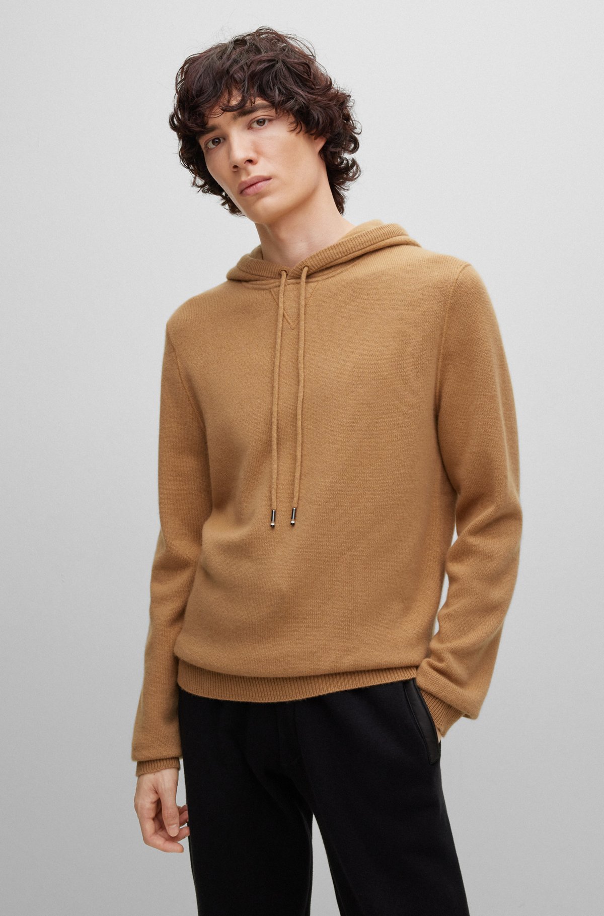 Regular-fit hoodie in cashmere with logo badge, Beige