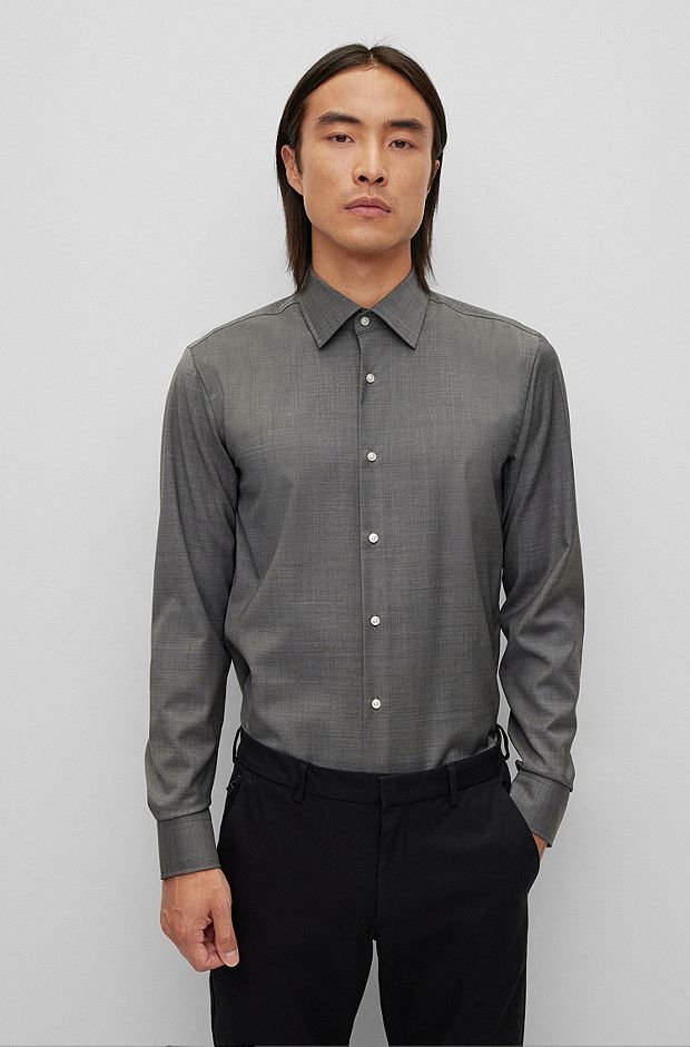 Slim-fit shirt in traceable merino wool with stretch, Grey
