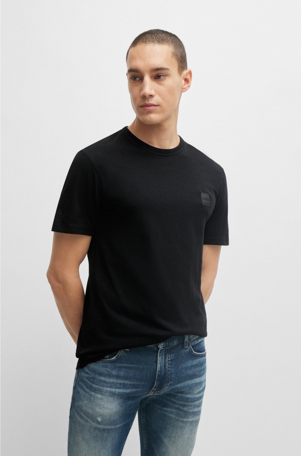 Cotton-jersey regular-fit T-shirt with logo patch, Black