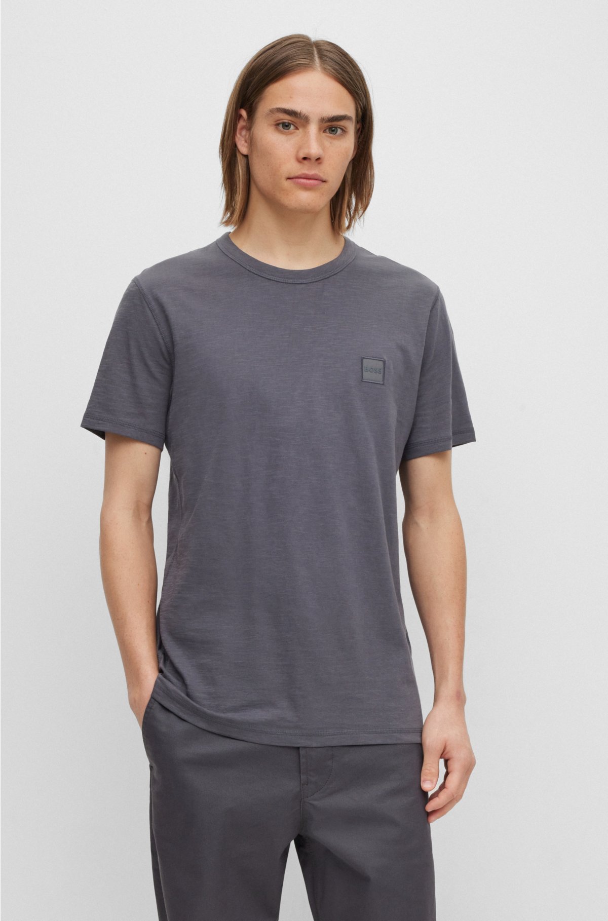 Cotton-jersey regular-fit T-shirt with logo patch, Dark Grey
