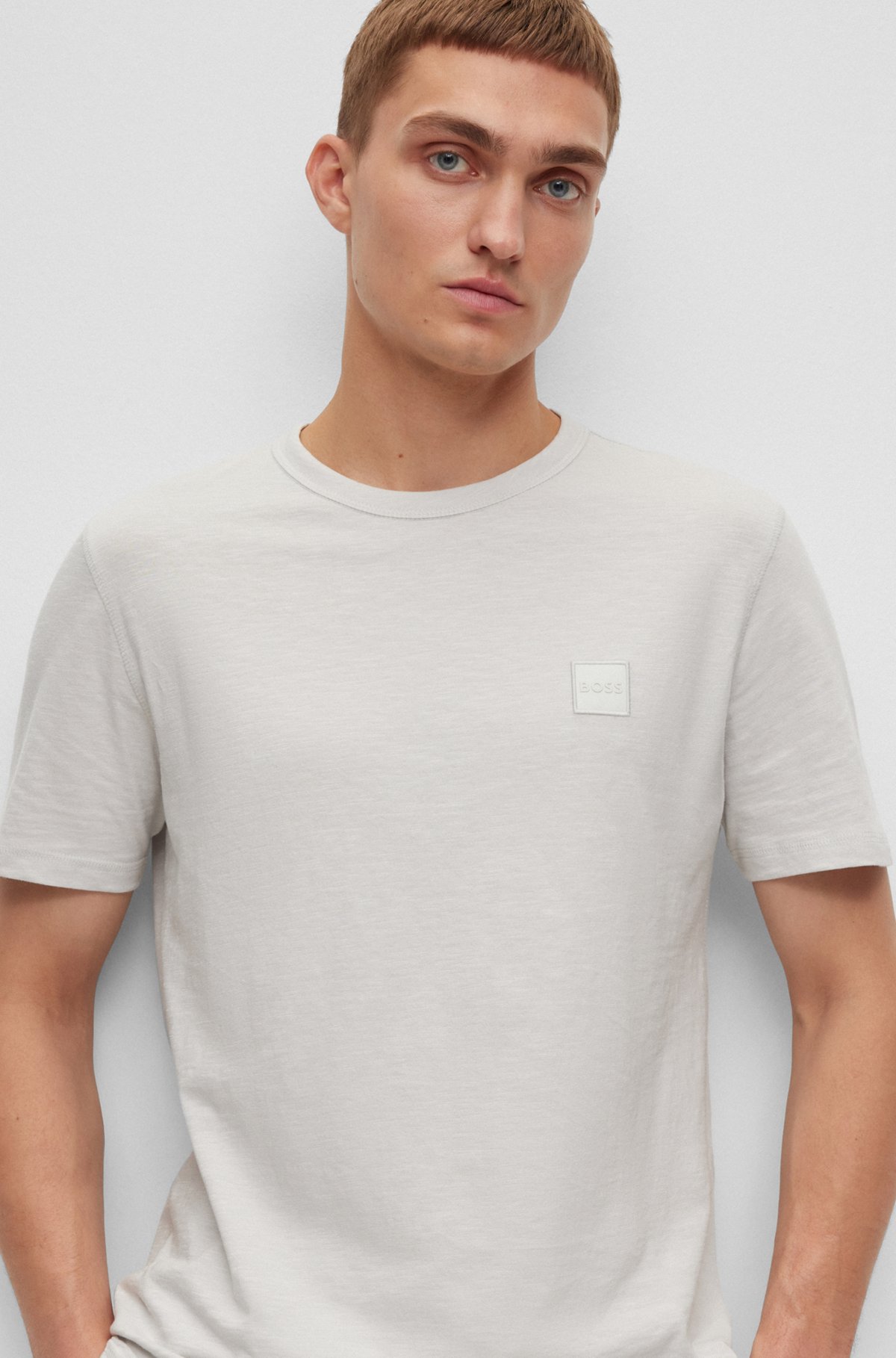 Cotton-jersey regular-fit T-shirt with logo patch, Light Grey