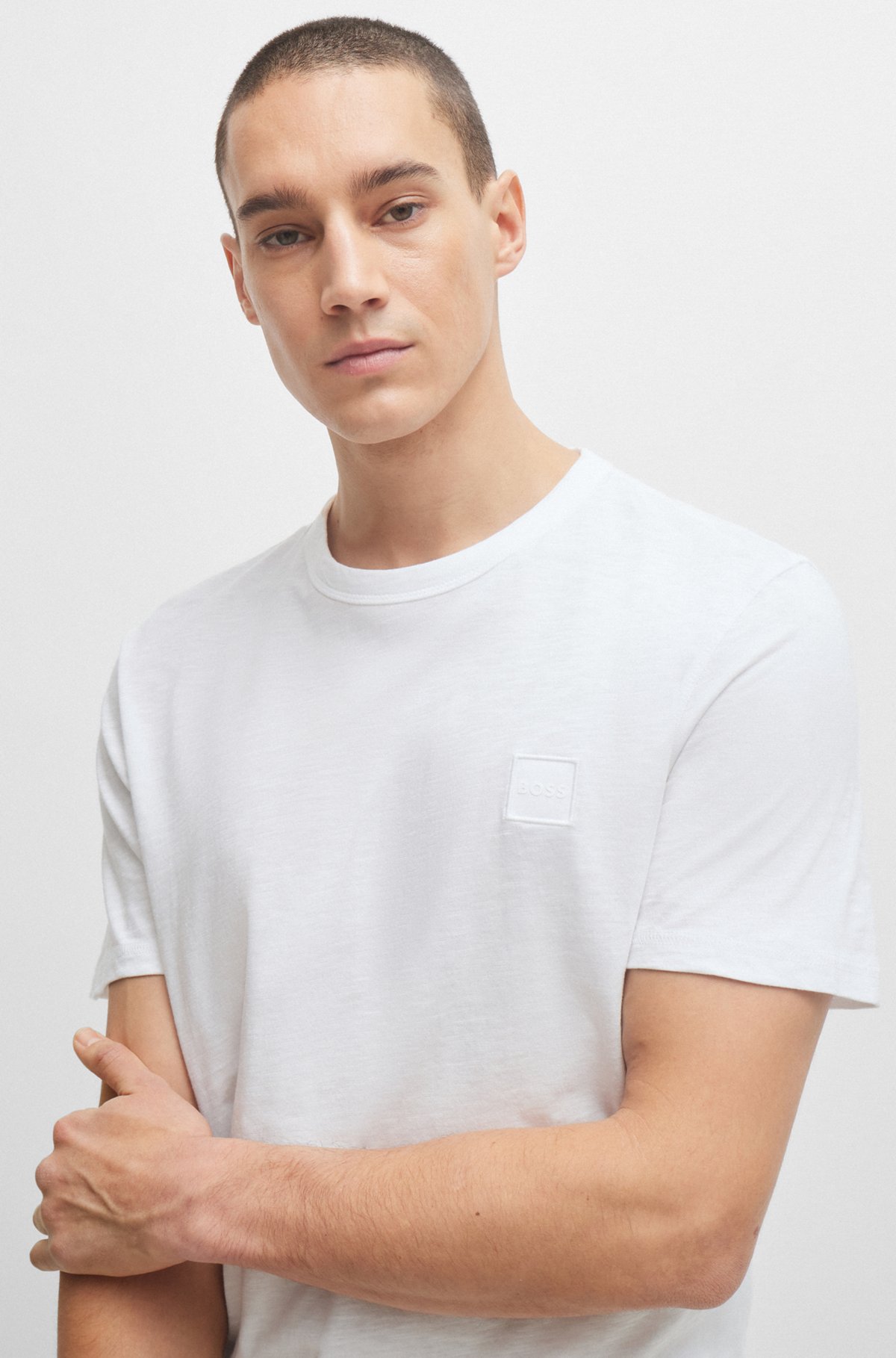 Cotton-jersey regular-fit T-shirt with logo patch, White