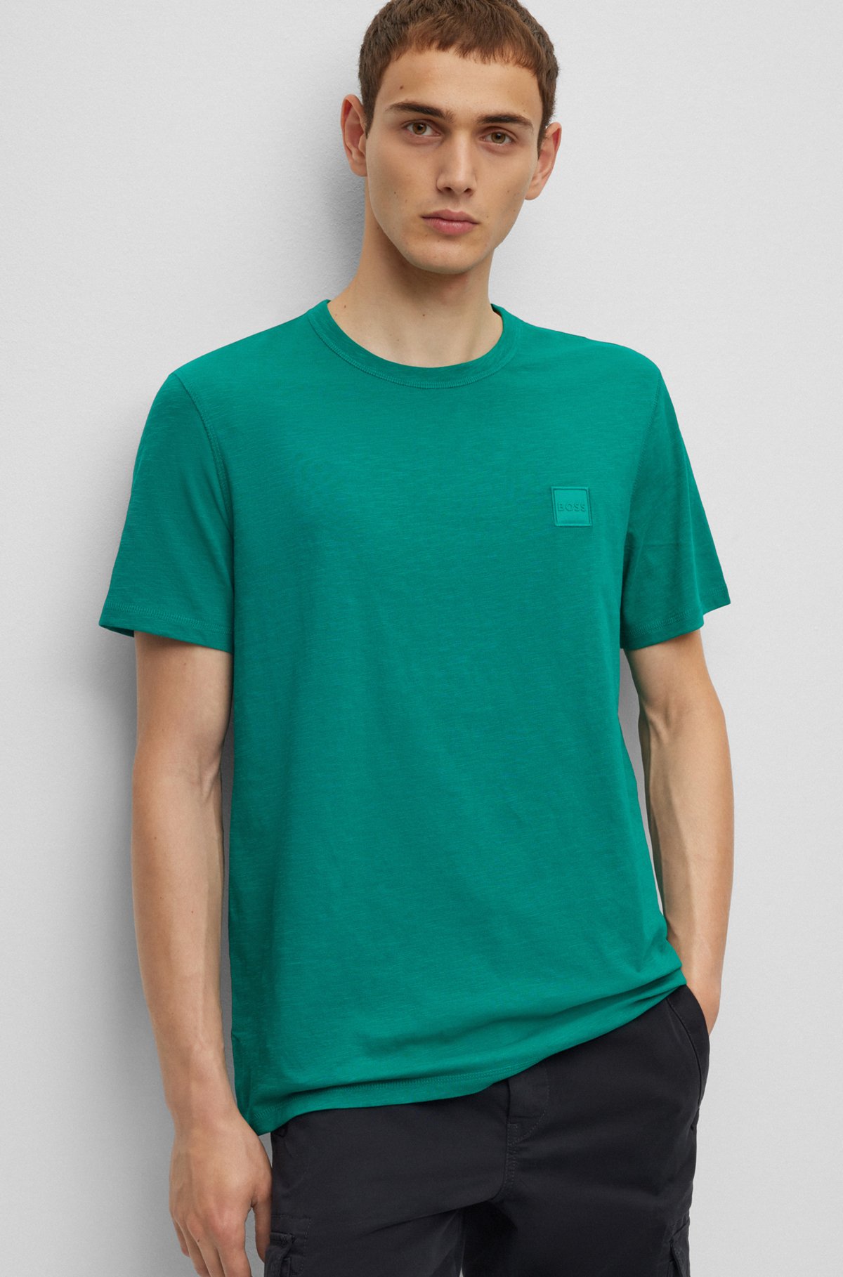Cotton-jersey regular-fit T-shirt with logo patch, Dark Green