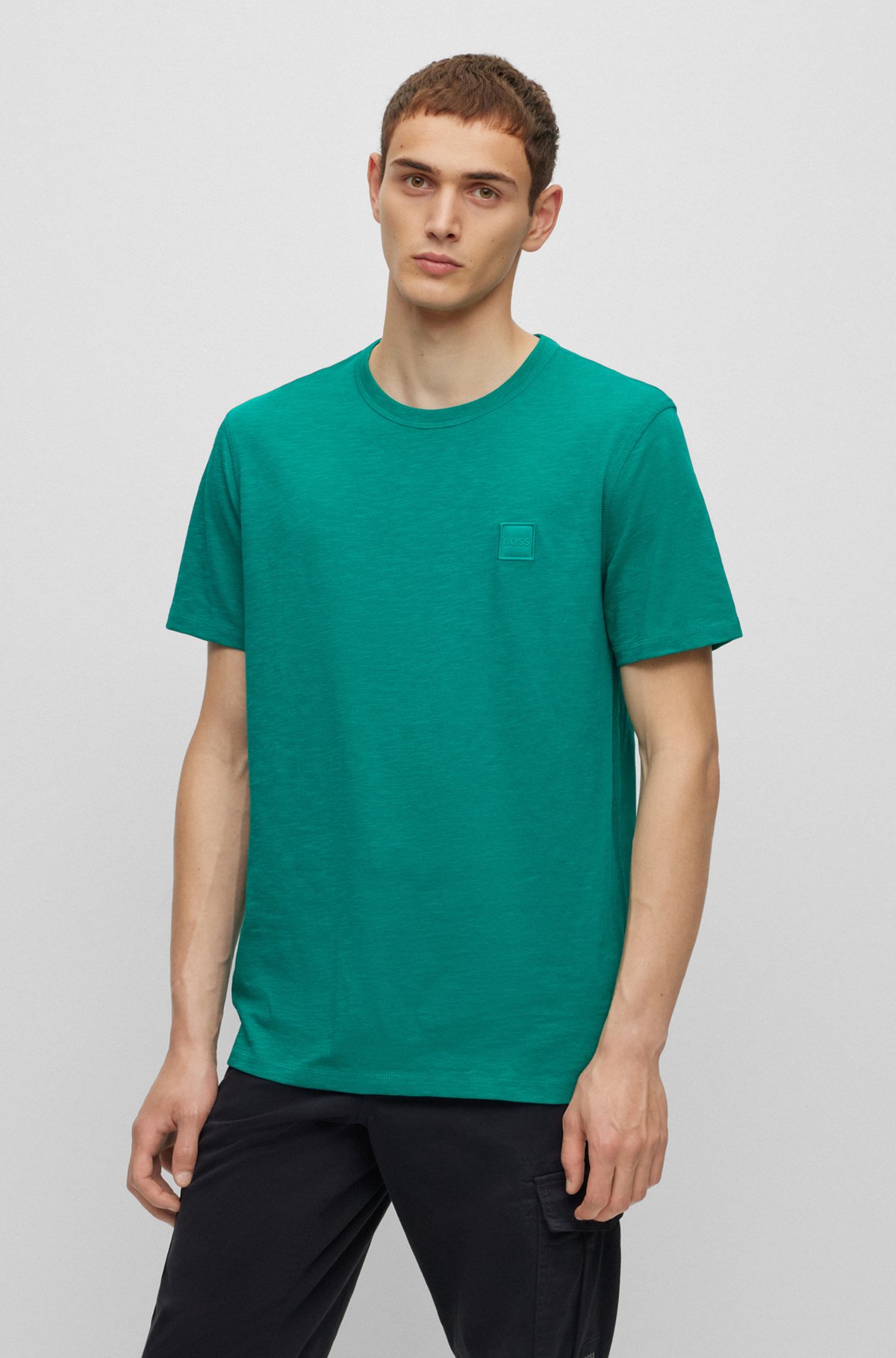 Cotton-jersey regular-fit T-shirt with logo patch, Dark Green