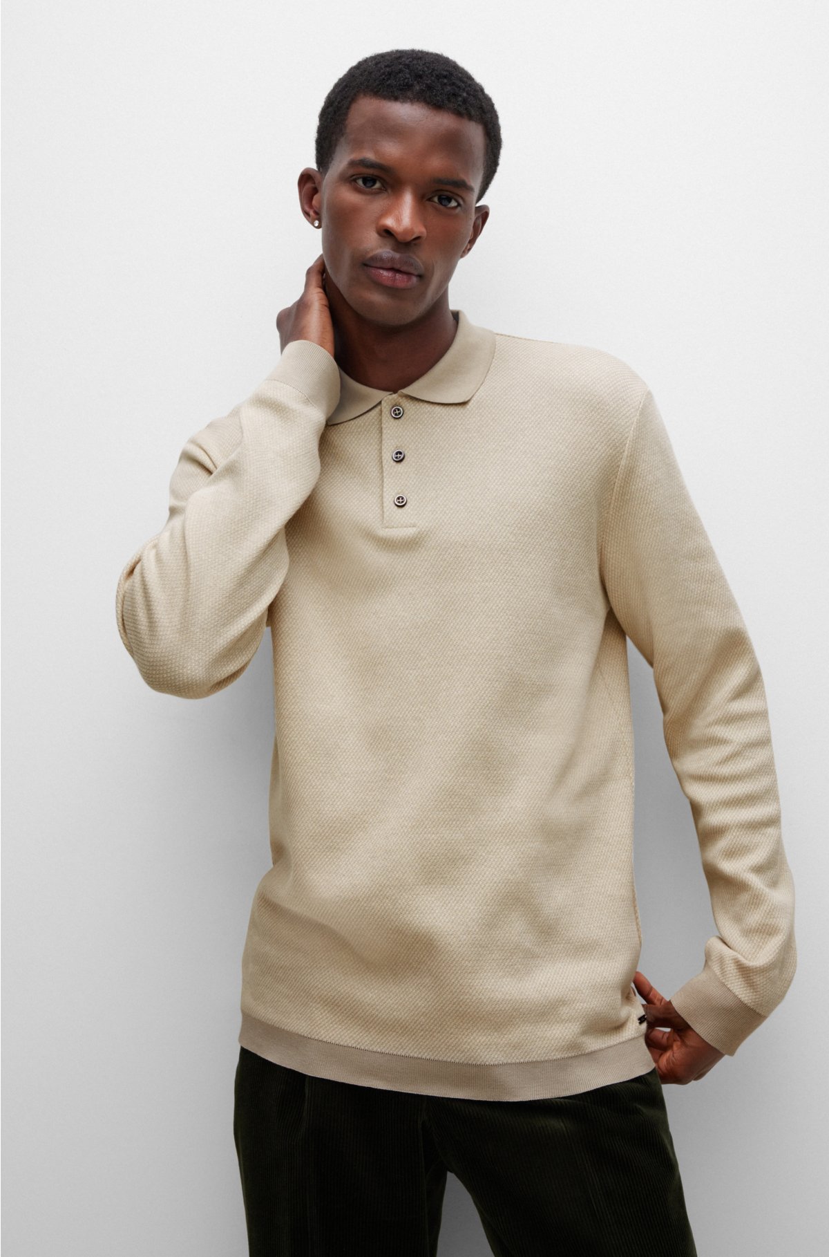 BOSS - Long-sleeved polo shirt in cotton and cashmere