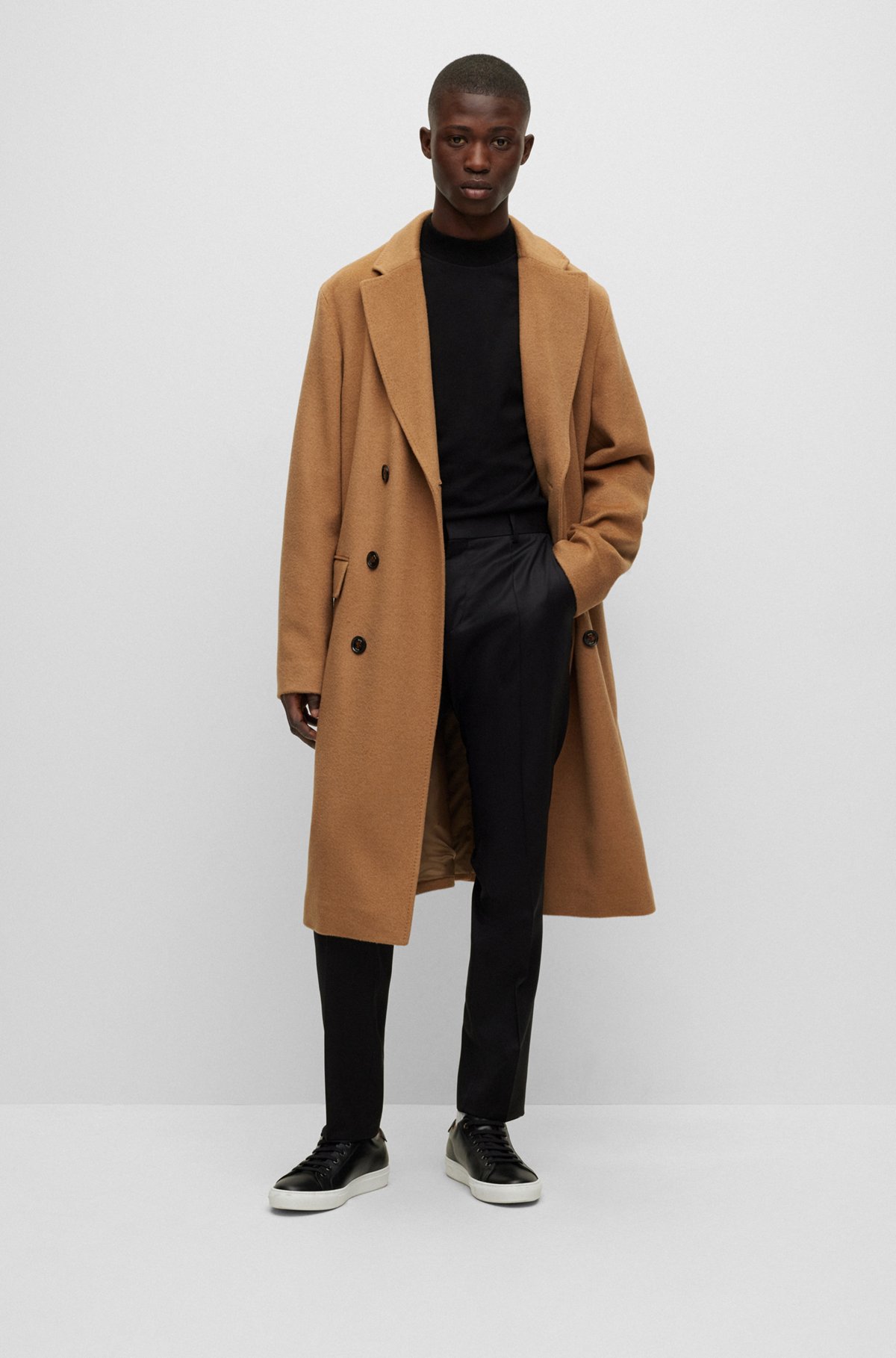 BOSS - Long-length double-breasted coat in camel hair