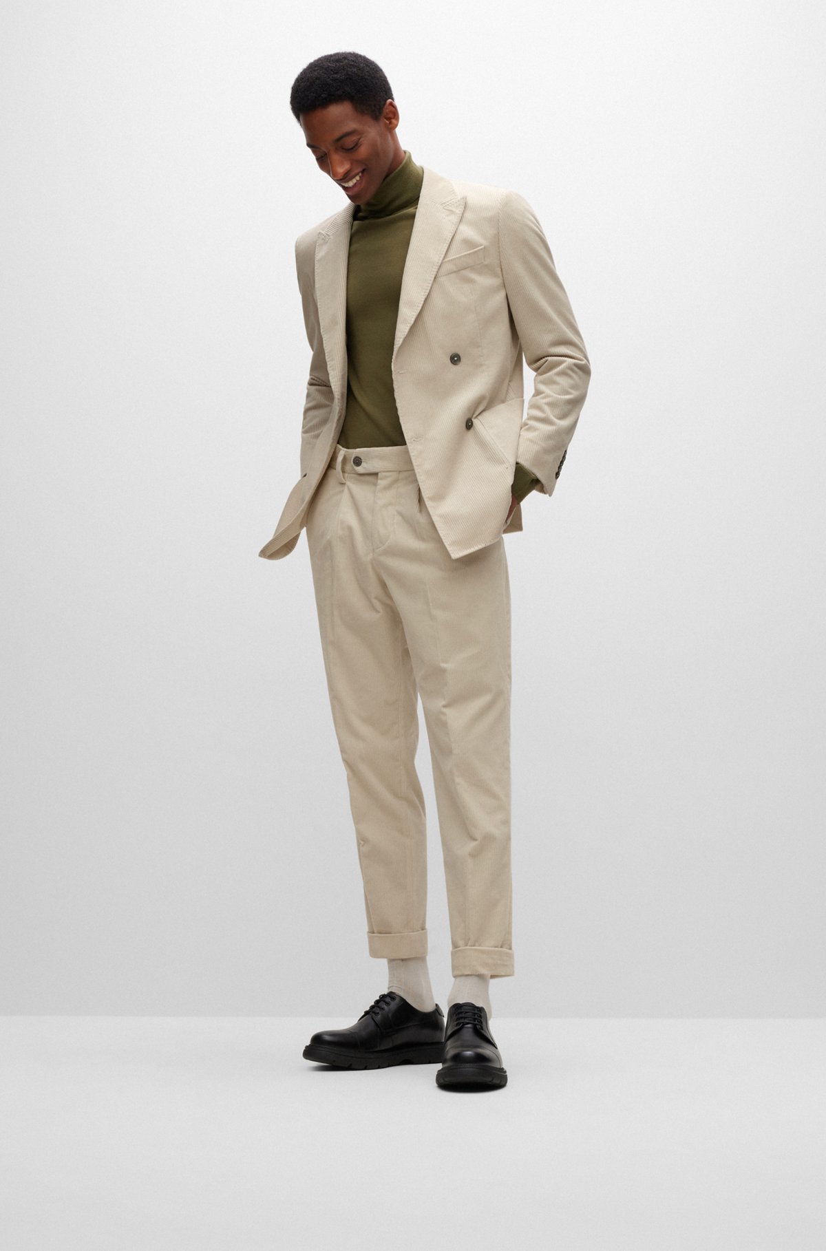 Double-breasted slim-fit jacket in cotton-cashmere corduroy, White