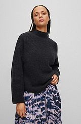 Relaxed-fit sweater with mock neckline and curved hem, Light Grey