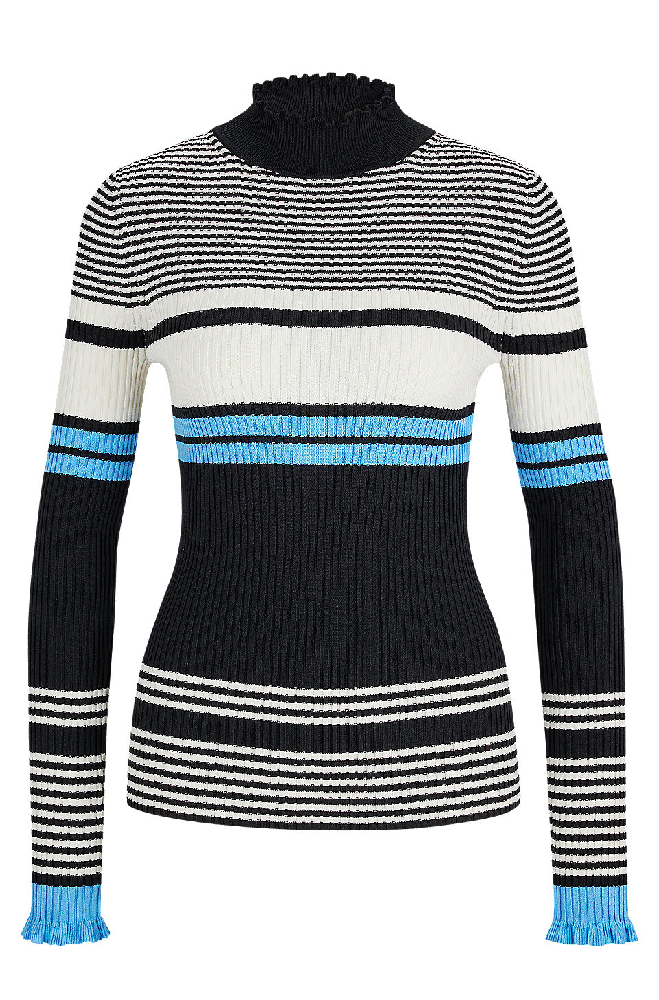 BOSS - Slim-fit striped sweater with ruffled neckline and cuffs