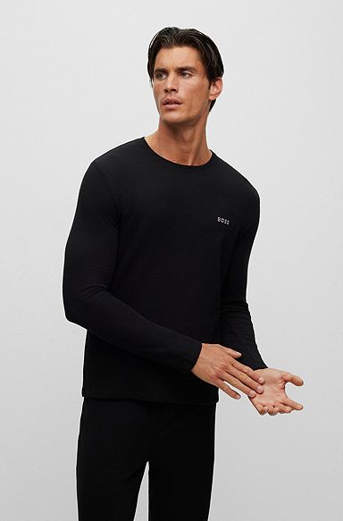 T-shirt de pyjama en coton mélangé gaufré avec logo, Noir