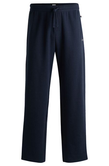 Bas de pyjama en coton mélangé gaufré à logo brodé, Bleu foncé