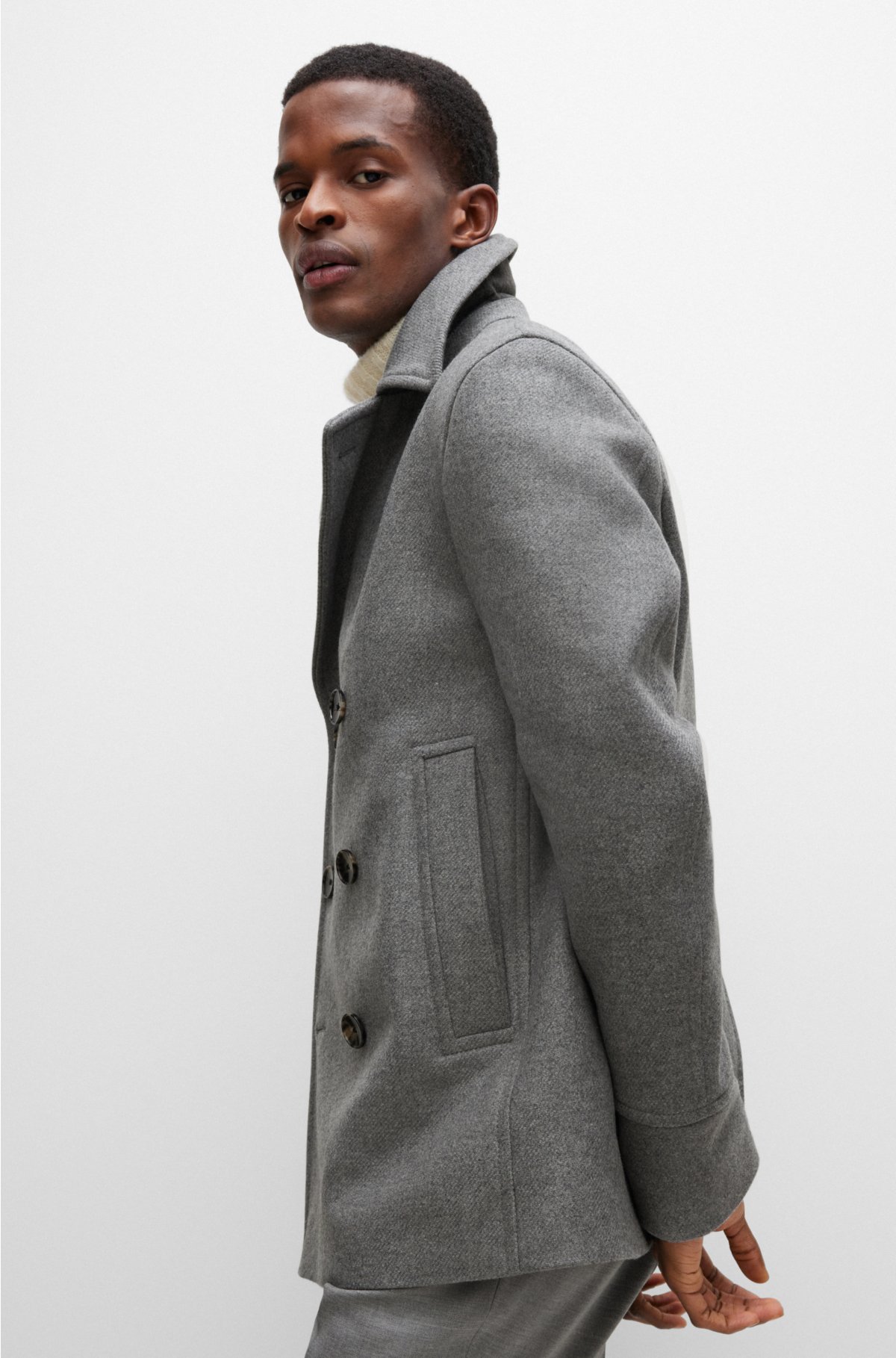 BOSS - Wool-blend double-breasted coat with houndstooth pattern