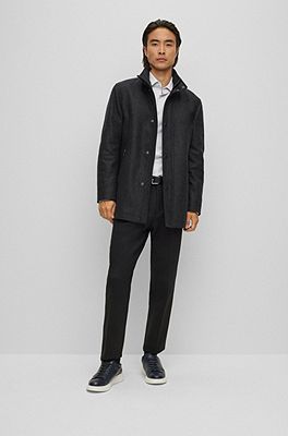 BOSS - Wool-blend coat in herringbone weave with stand collar