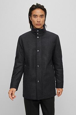 BOSS - Wool-blend coat in herringbone weave with stand collar