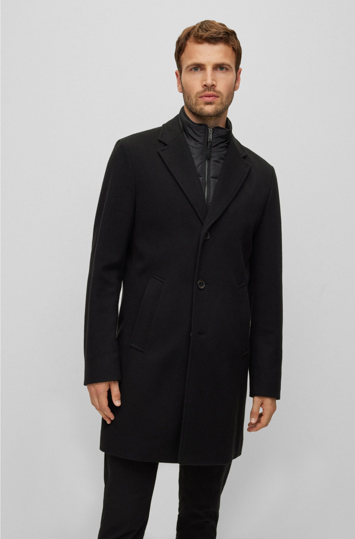BOSS - Slim-fit wool-blend coat with zip-up inner