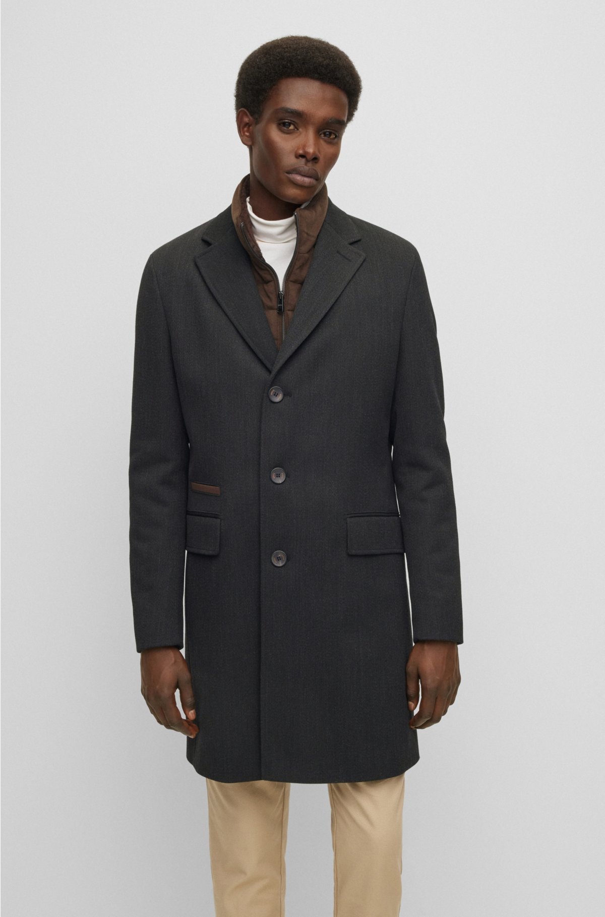 BOSS - Slim-fit coat with detachable zip-up inner