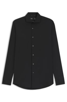 Easy-iron slim-fit shirt in cotton-blend poplin, Black