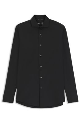 Chemise Slim Fit en popeline de coton m&eacute;lang&eacute; facile &agrave; repasser, Noir