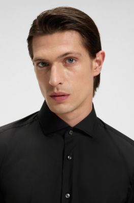 Camisa slim fit de popel&iacute;n de algod&oacute;n de planchado f&aacute;cil, Negro