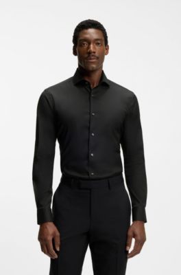 Chemise Slim Fit en popeline de coton m&eacute;lang&eacute; facile &agrave; repasser, Noir