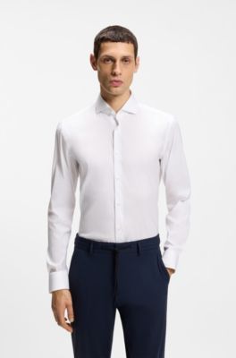 Camisa slim fit de popel&iacute;n de algod&oacute;n de planchado f&aacute;cil, Blanco