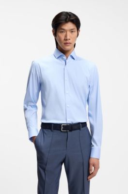 Camisa slim fit de popel&iacute;n de algod&oacute;n de planchado f&aacute;cil, Celeste