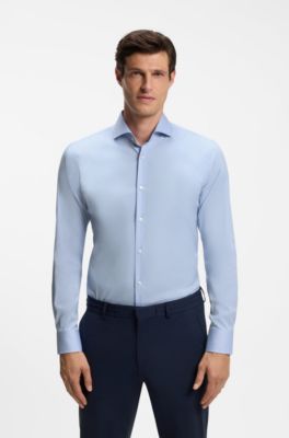 Slim-fit shirt in easy-iron cotton-blend poplin, Light Blue