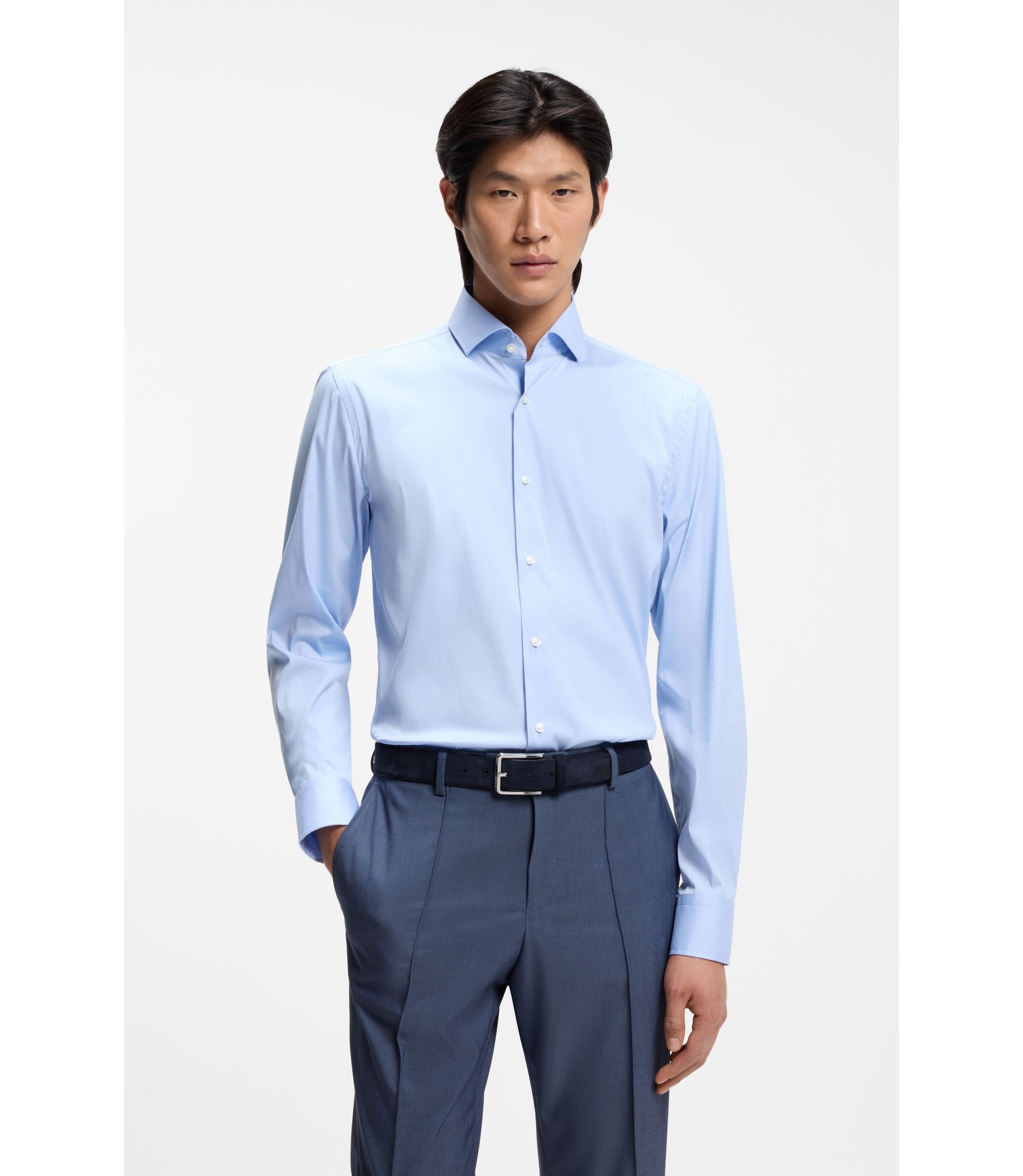 BOSS - Slim-fit shirt in easy-iron cotton-blend poplin - Light Blue